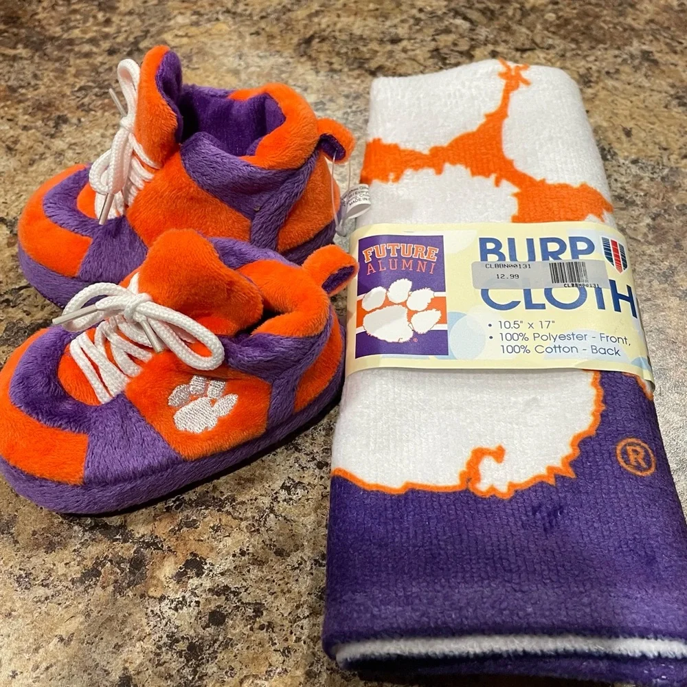 Clemson Tiger Cub Baby Booties and Future Alumni Burp Cloth Set - Picture 2 of 3